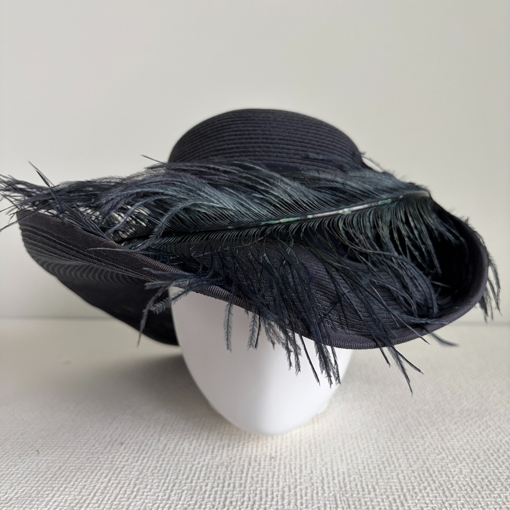 Mr. Charles Vintage Wide Brim Ostrich Feather Pearl Hat OS Black